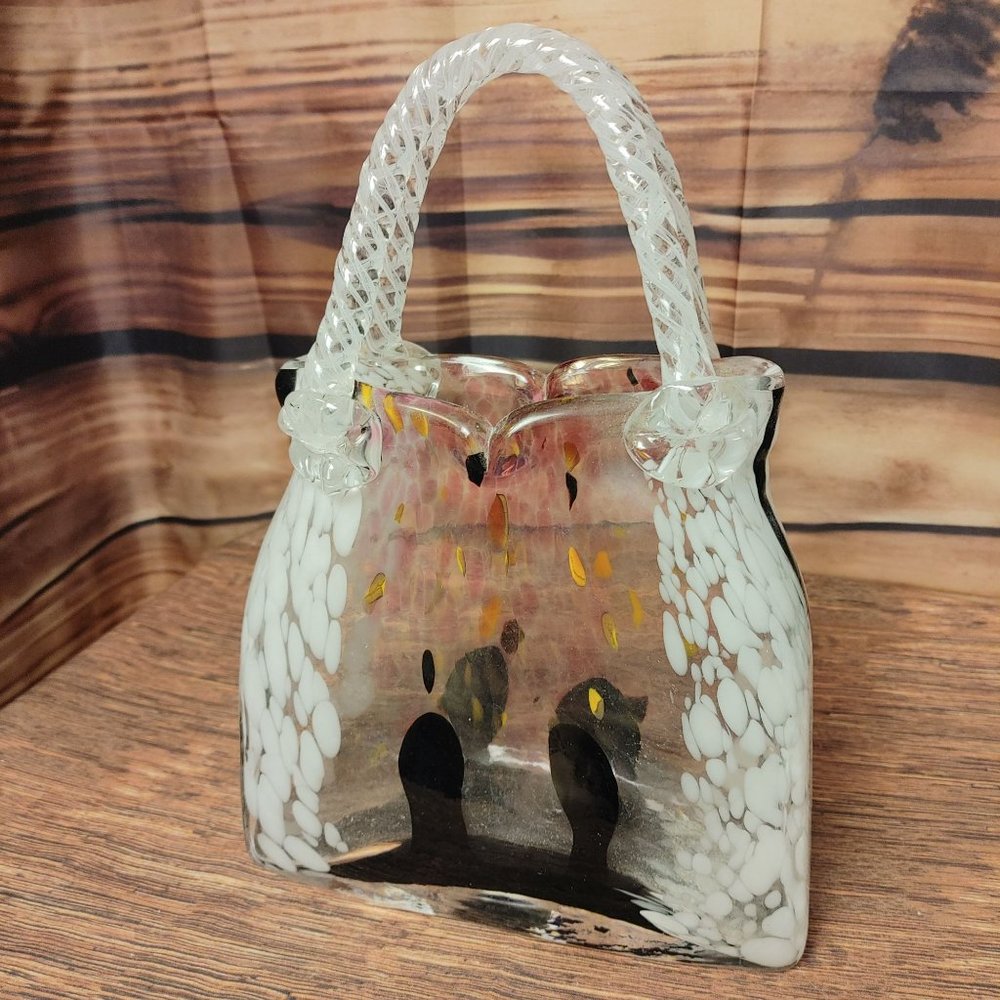 Vintage Solid Blown Art Glass Purse/Bag Shaped Statue White Ribbon/Drip Colors